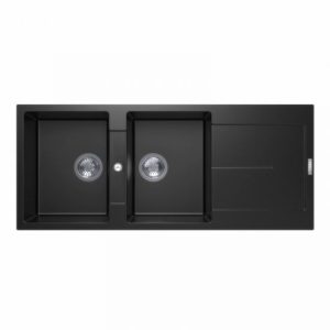 1160 x 500 x 200mm Carysil Double Bowl with Drainer Board Granite Kitchen Sink Top Mount