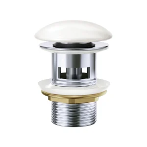 32/40mm Chrome Solid Brass Basin Pop-Up Waste with Ceramic Cap - Gloss White (Overflow)